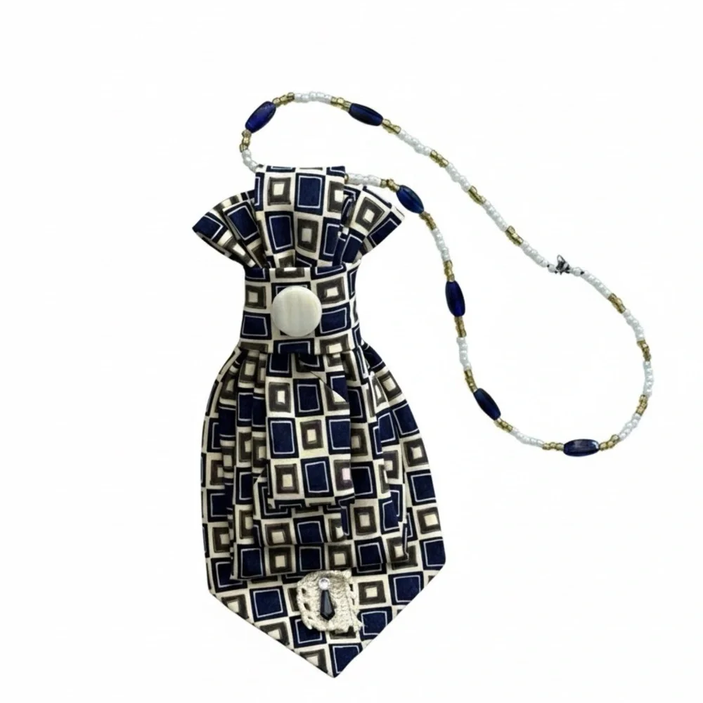 Handmade Repurposed Geometric Tie Statement Necklace - Picture 2 of 7